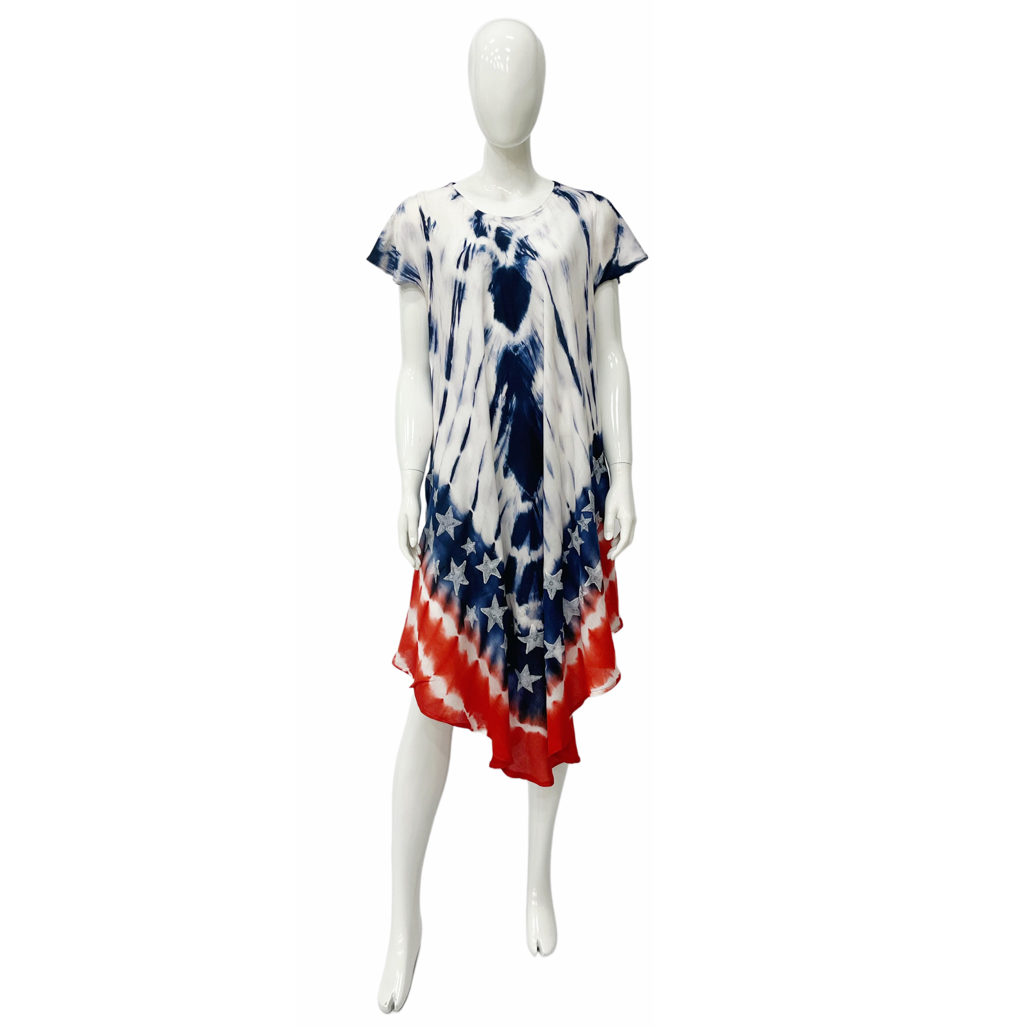 Wholesale Women's Dresses Rayon Staple American Flag Tie Dye with Block PAINT Ss Umbrella Dress 120G