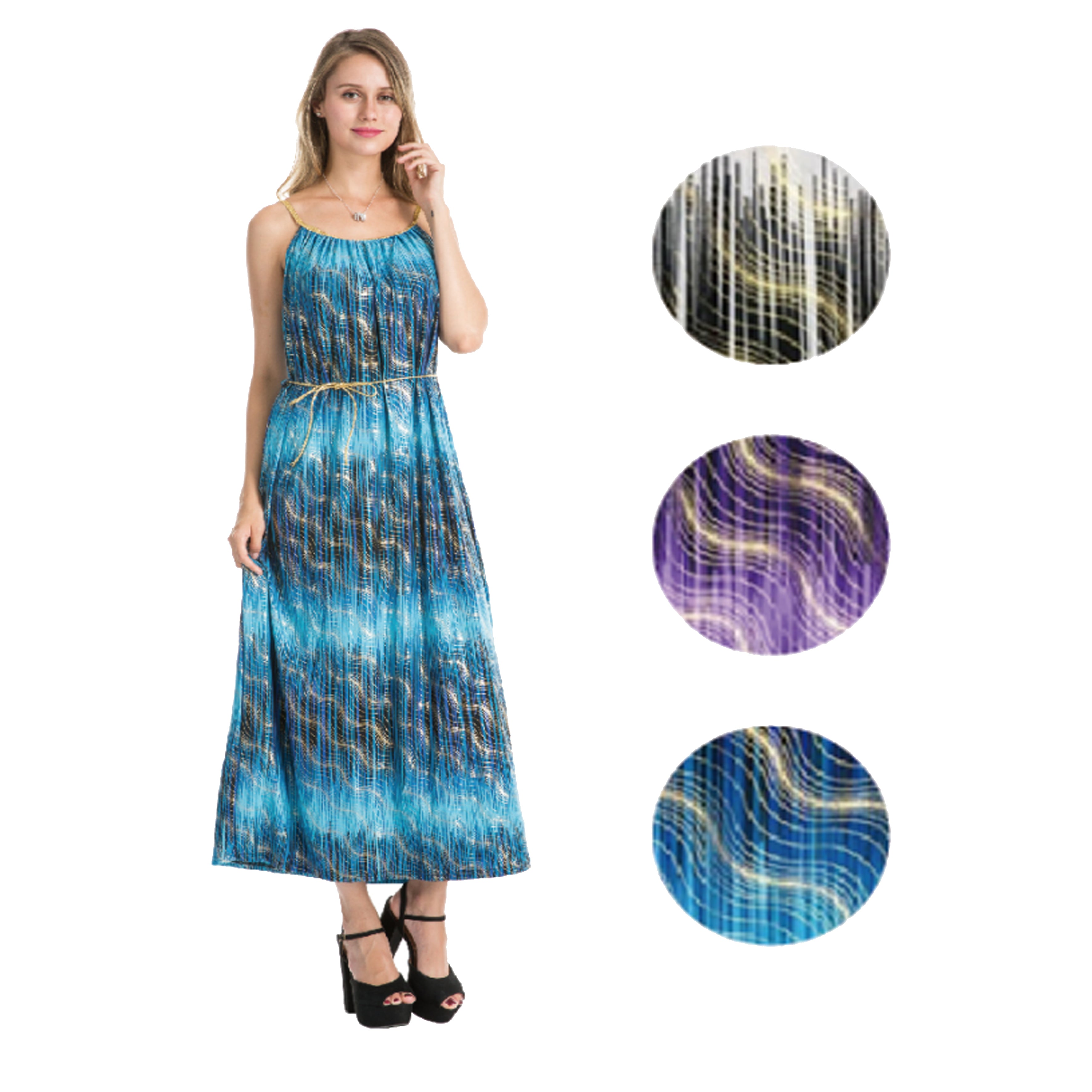 Wholesale Women's Dresses ITY Foil Gold Stripe & BELT Maxi Dress 6-36-Case S-XL Amalia NW37