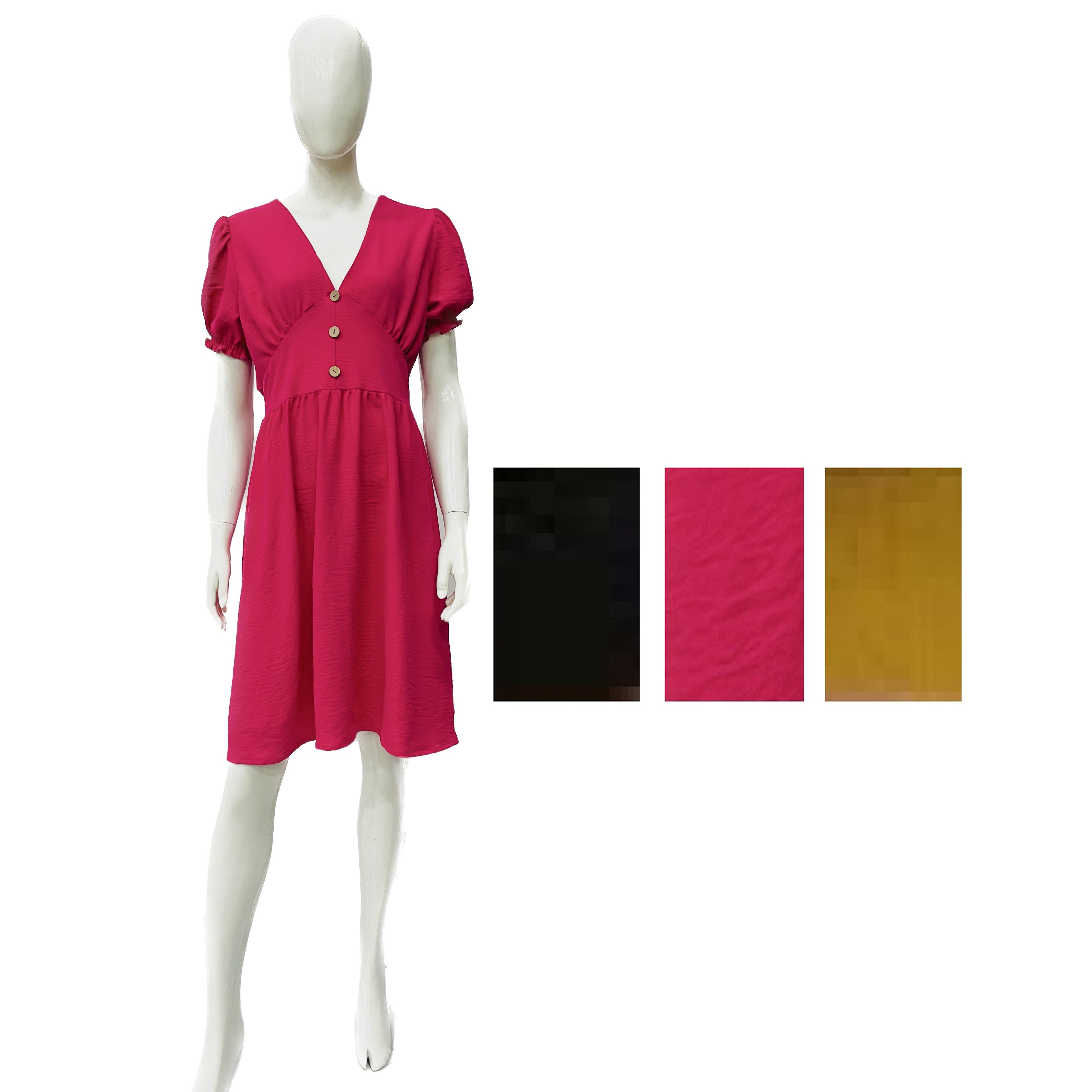 ''Wholesale Women's Dresses Solid Air Flow Ss V Nk SHORT Dress 6-72-Case S-XL Blk, Fx, Mustard Karen 