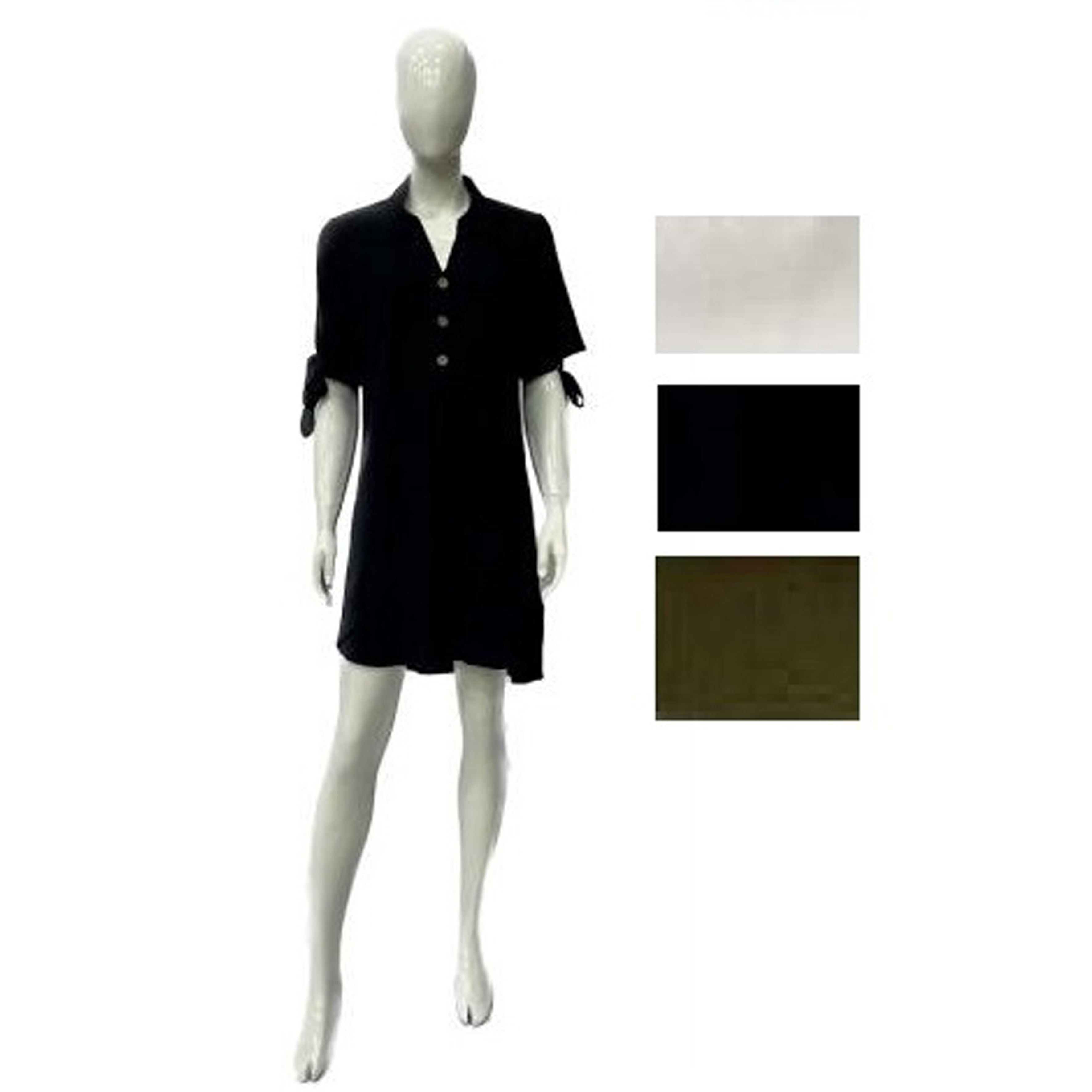 ''Wholesale Women's Dresses Solid Air Flow Ss SHIRT Collar Botton Short Dress 6-72-Case S-XL Blk, Wht