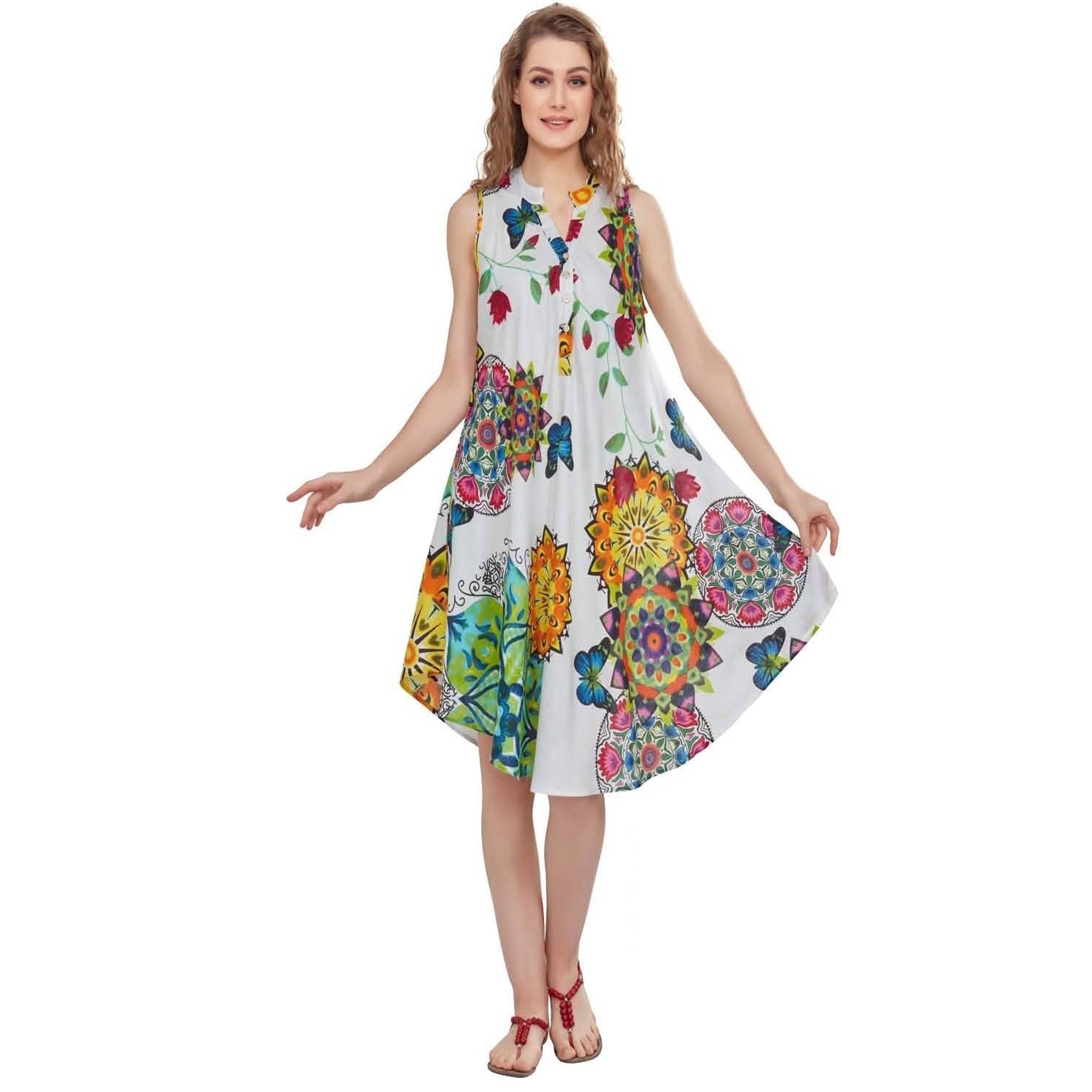 Wholesale Women's Dresses White Rayon Printed Placket Sl UMBRELLA Dress 120Gms 1C 6-48-Case S-XL Reb