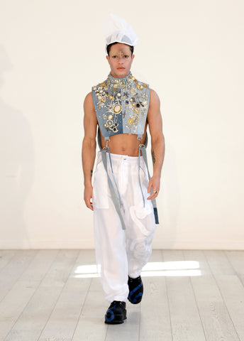 Lula Laora ss22 the garden Getty runway, denim bib with antique jewels, white oversized organza trousers. 