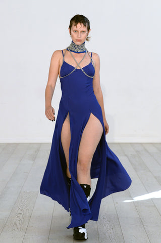 Lula Laora ss22 the garden Getty runway, blue sleeveless dress with two large slits