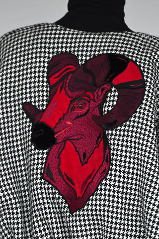 Back of houndstooth bomber jacket, large red embroidered ram. 