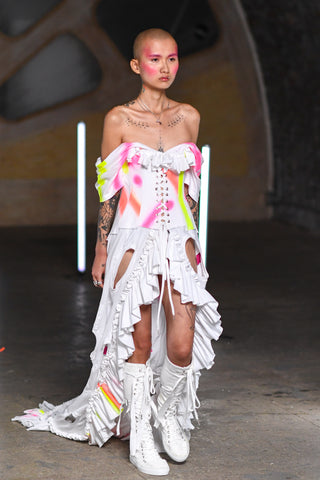 Lula Laora runway Getty, cut out long dress with train, neon, ruffles, white dress