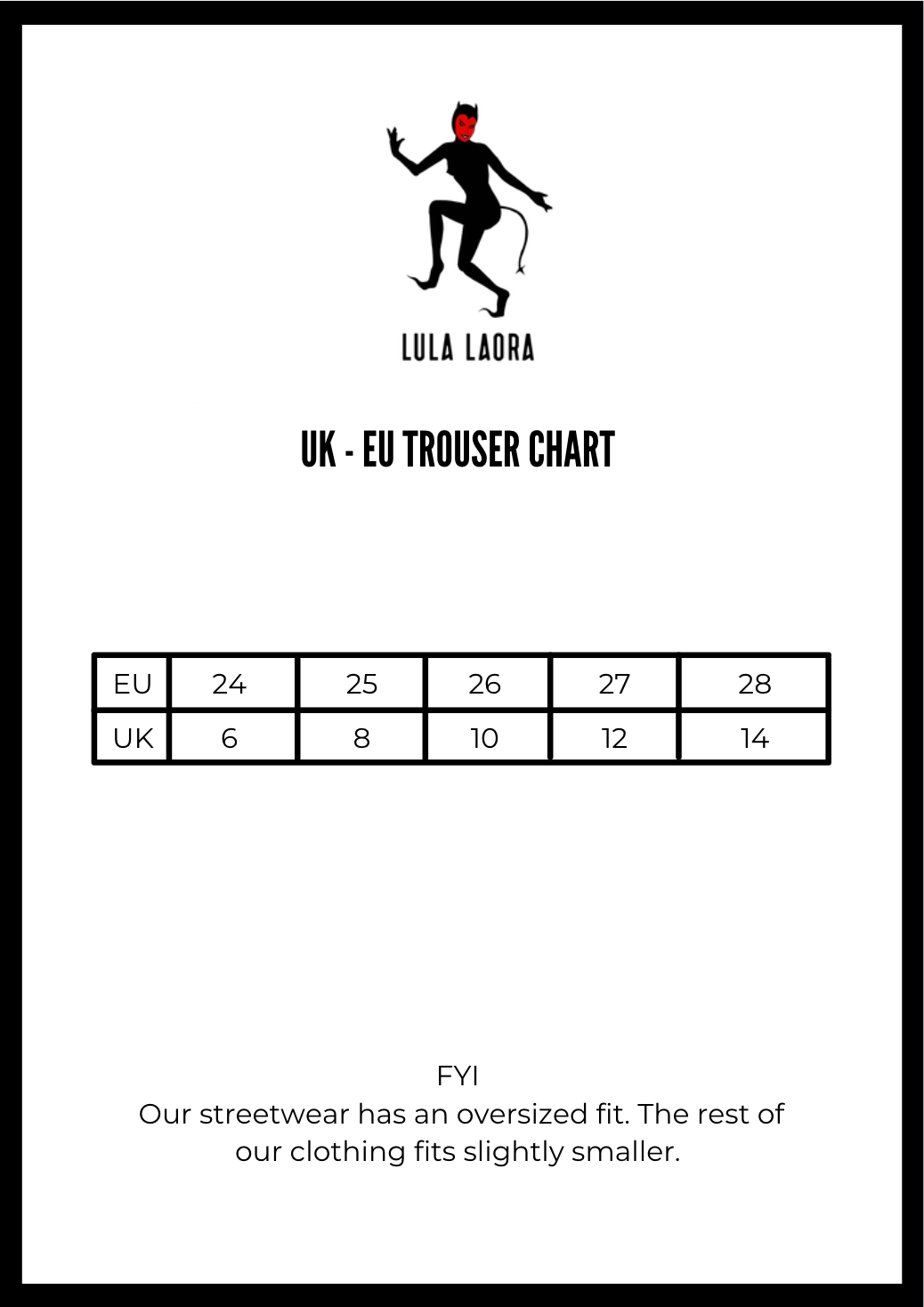 Lula Laora clothing sizing chart