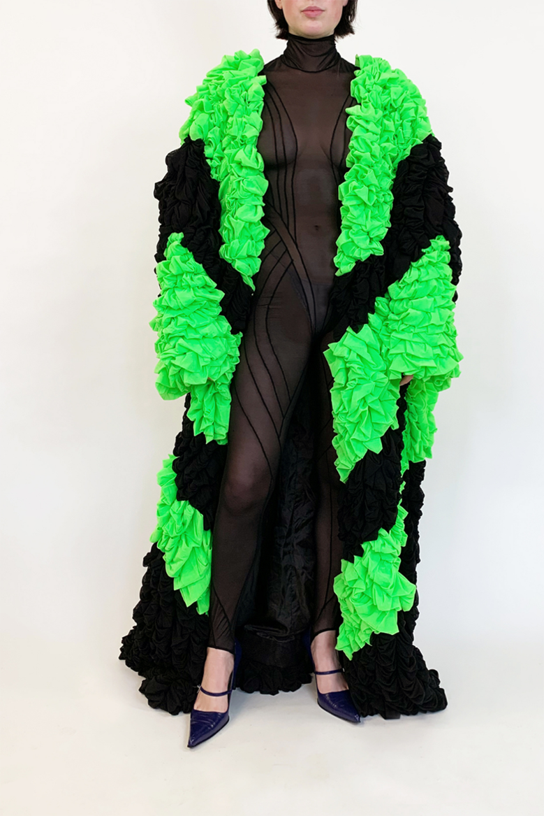 poison ivy Lula Laora coat in neon green and black mesh and denim