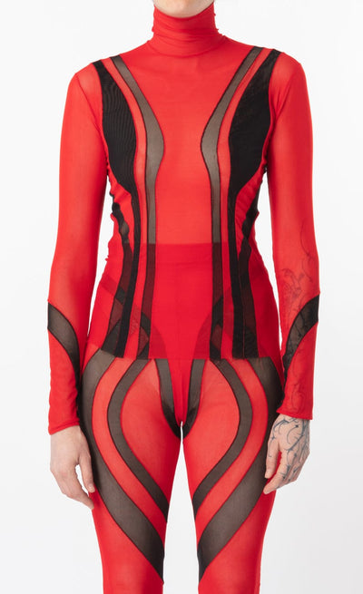 Women Patent Latex halter neck catsuit mesh body suit Black / Red – Style  Heist