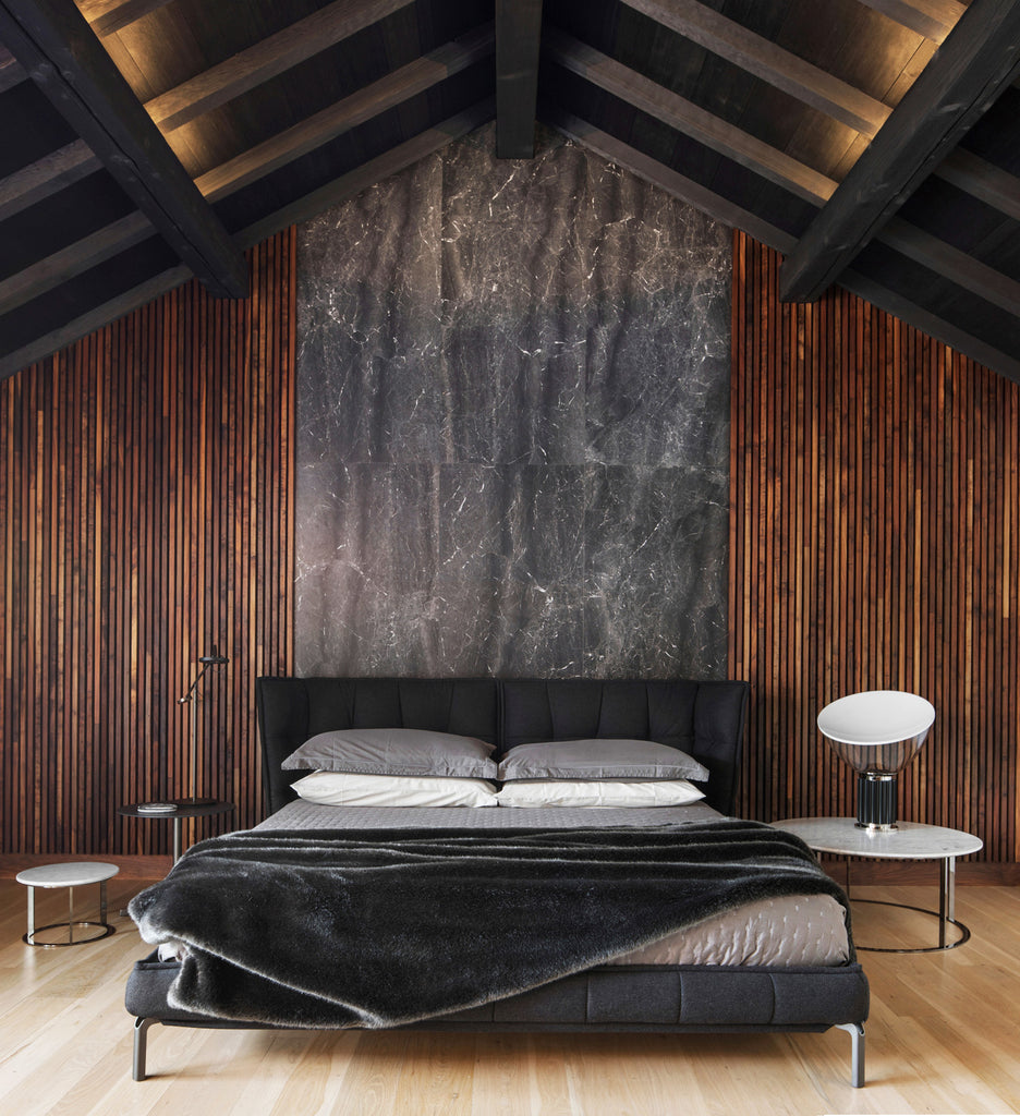 Oregon Black Walnut slat wall behind bed