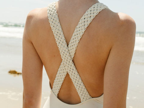 Close up image of the handwoven macrame shoulder straps.