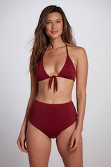 High waisted bikini bottom in burgundy red.