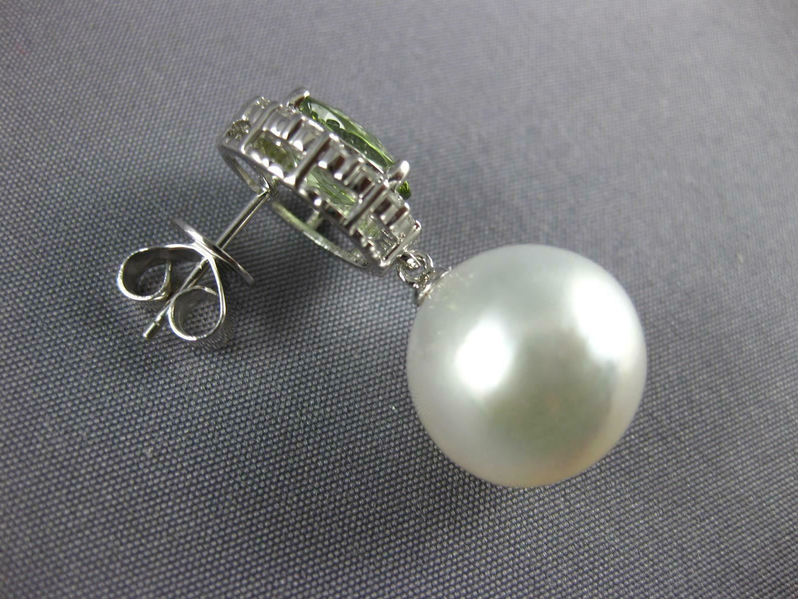 LARGE DIAMOND GREEN TOURMALINE & SOUTH SEA PEARL 18K WHITE GOLD HANGING EARRINGS