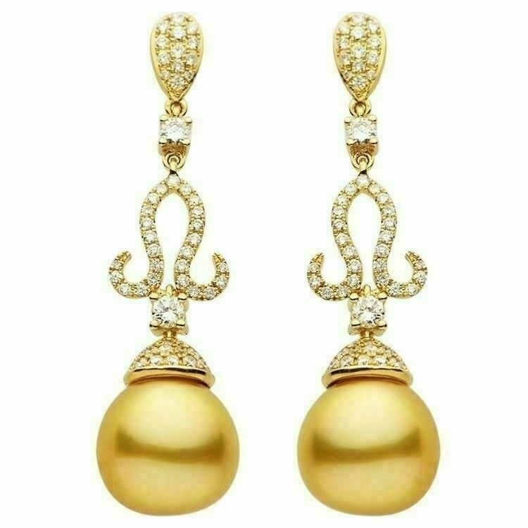 ESTATE LARGE 1.0CT DIAMOND & AAA GOLDEN SOUTH SEA PEARL 18K YELLOW GOLD EARRINGS