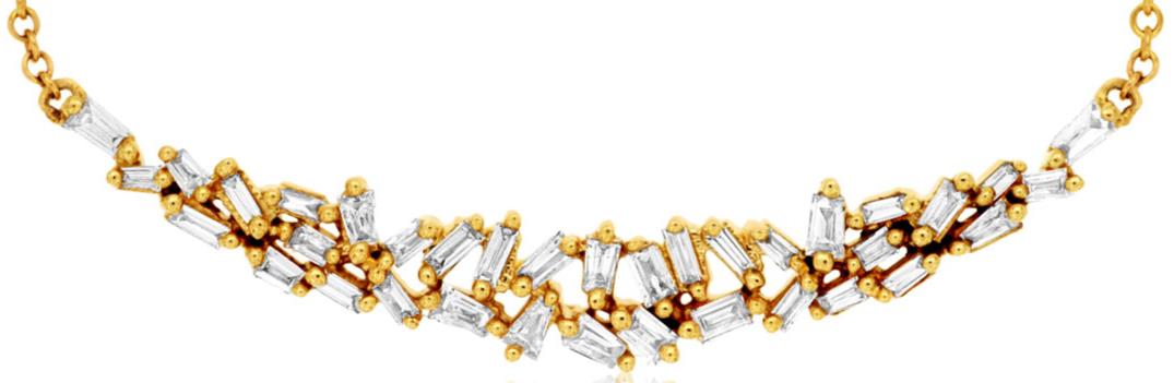 ESTATE .42CT DIAMOND 14KT YELLOW GOLD 3D BAGUETTE CLUSTER BAR NECKLACE