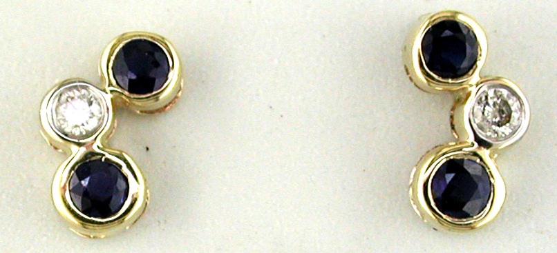 0.96CT DIAMOND & AAA SAPPHIRE 14KT YELLOW GOLD 3 STONE BEZEL ETOILE FUN EARRINGS