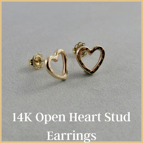 Boucles d'oreilles à tige en forme de cœur ouvert en or 14 carats par Mikel Grant Jewellery
