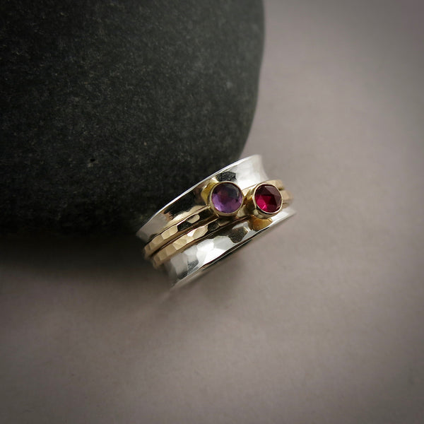 Meditation Ring with Ruby & Amethyst Spinners in 14K Gold by Mikel Grant Jewellery
