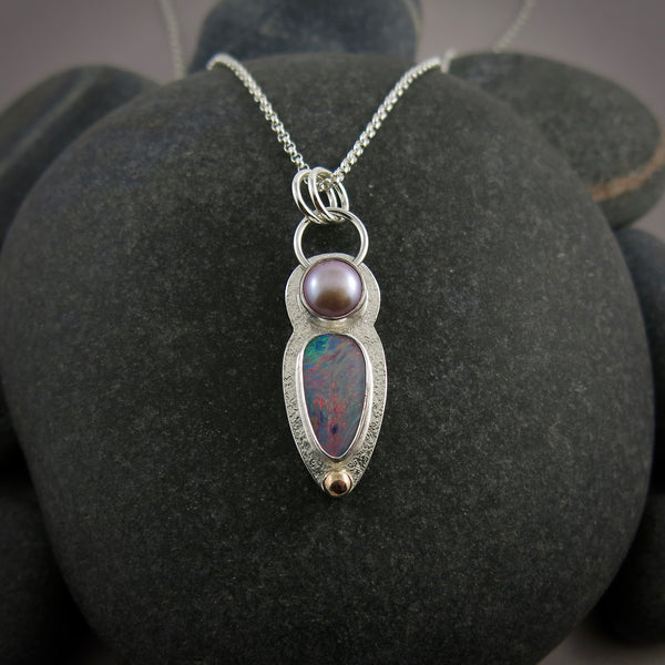 Australian Opal and Pink Pearl Necklace in Sterling Silver & 14K Gold by Mikel Grant Jewellery