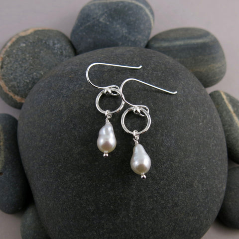 Silver Baroque Pearl Circle Drop Earrings in Sterling Silver by Mikel Grant Jewellery