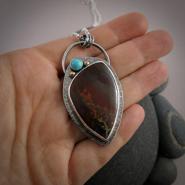 Australian Boulder Opal Necklace with Turquoise in Sterling Silver & 14K Gold by Mikel Grant Jewellery