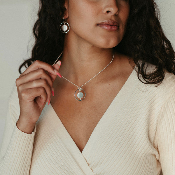 Coin pearl earrings and necklace in sterling silver by Mikel Grant Jewellery