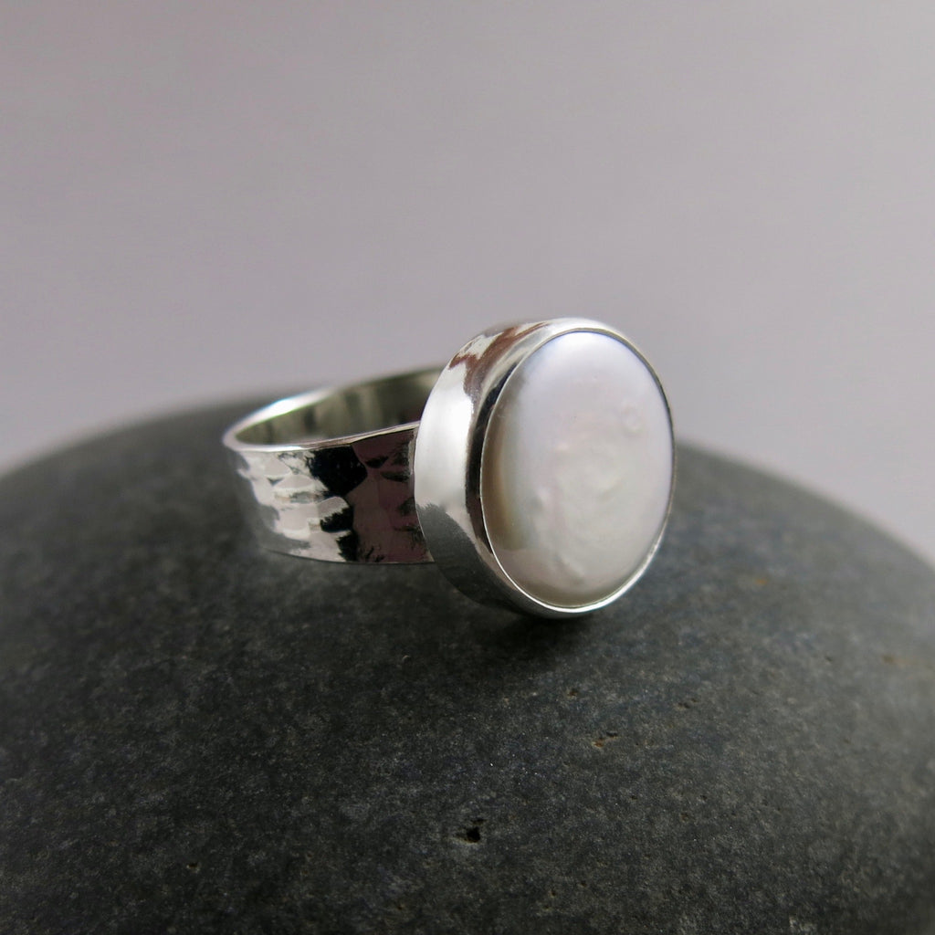 Coin pearl ring in sterling silver by Mikel Grant Jewellery