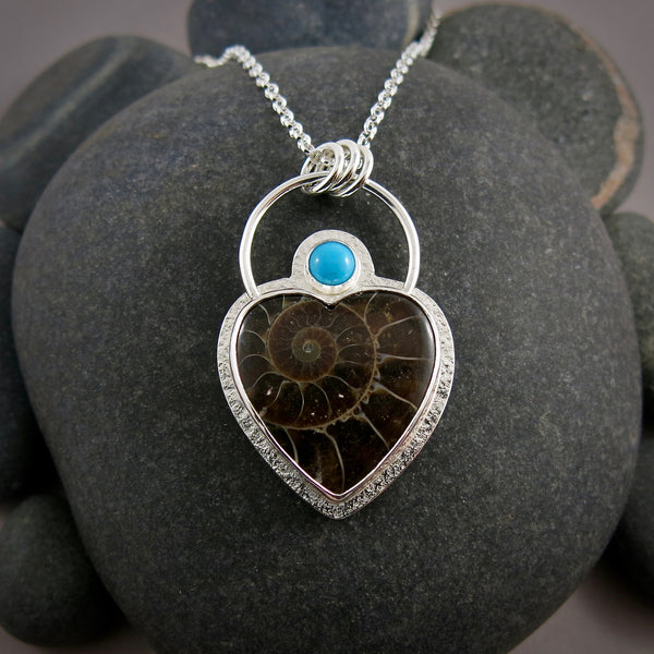 Ammonite fossil heart necklace with turquoise in sterling silver by Mikel Grant Jewellery