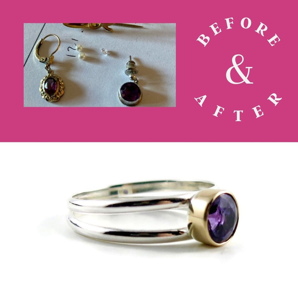 Single amethyst earring transformed into a ring by Mikel Grant Jewellery