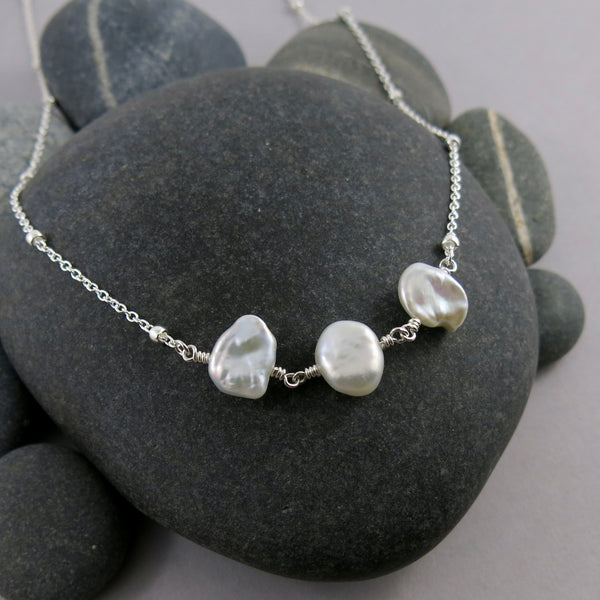 Keshi pearl trio necklace with sterling silver chain by Mikel Grant Jewellery