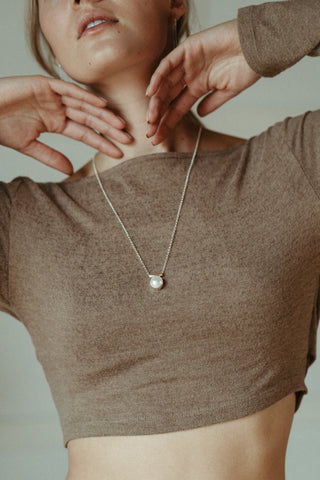 White button pearl necklace by Mikel Grant Jewellery