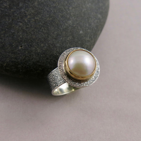 White Mabe Pearl Ring in Textured, Blackened Silver with 14K Gold Bezel