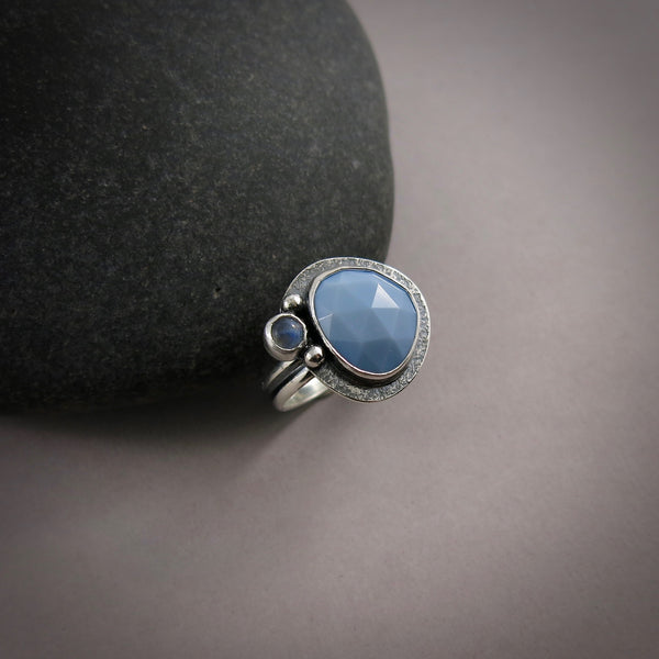 Owyhee Blue Opal Ring with Moonstone in Sterling Silver by Mikel Grant Jewellery