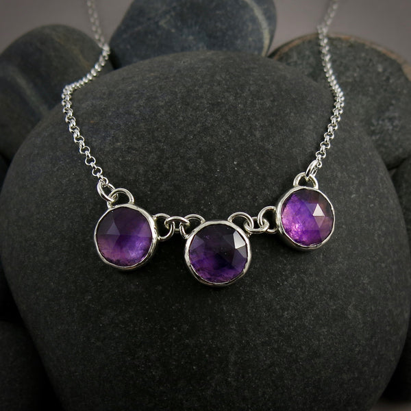 Rose Cut Amethyst Trio Necklace in Sterling Silver by Mikel Grant Jewellery