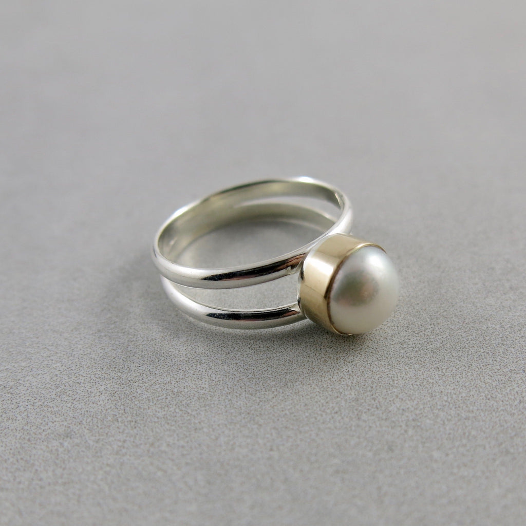 Silver and Gold Freshwater Button Pearl Ring by Mikel Grant Jewellery.