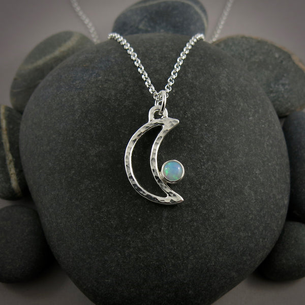 Crescent Moon Necklace with Welo Opal in Sterling Silver by Mikel Grant Jewellery