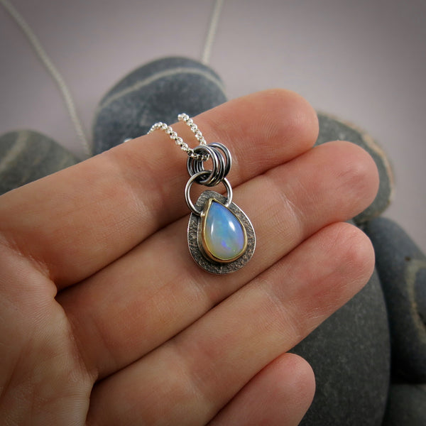 Welo Opal Teardrop Necklace in Sterling Silver & 18K Gold by Mikel Grant Jewellery