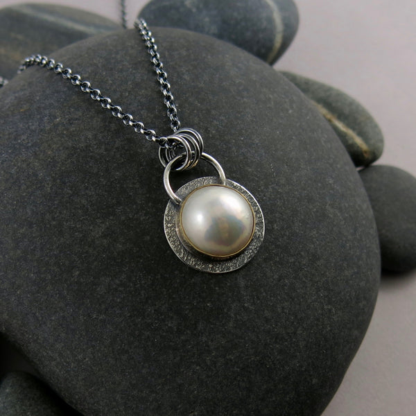 White Mabe Pearl Necklace in Blackened Silver with 14K Gold by Mikel Grant Jewellery