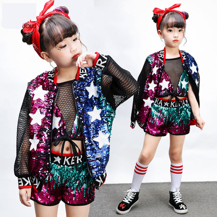 Kids Jazz Modern Dance Costume Sequins Girls Hip Hop Costumes Set