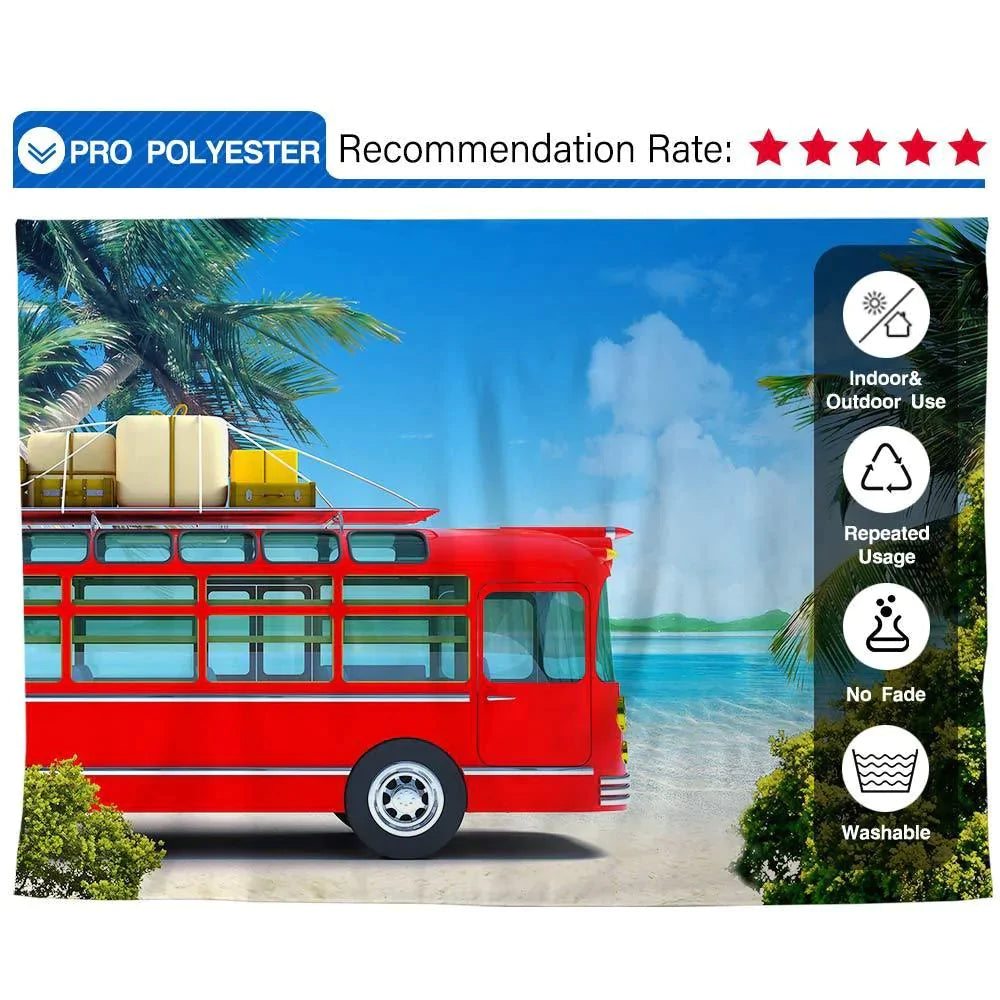 Allenjoy Summer Red Bus Sea Travel Backdrop - Allenjoystudio