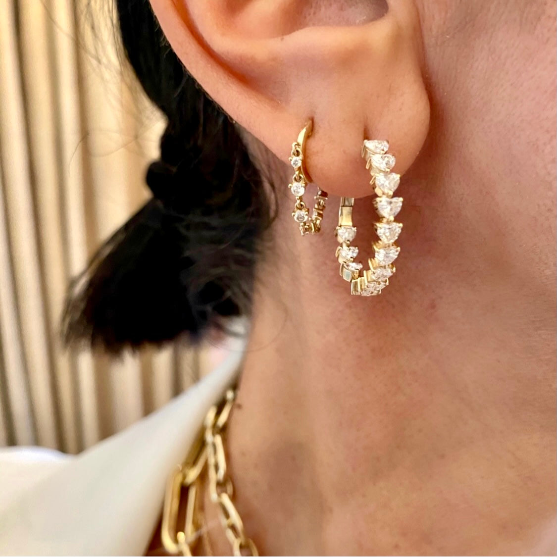 14KT Gold Heart Shape Diamonds Luxe Hoop Earrings, New