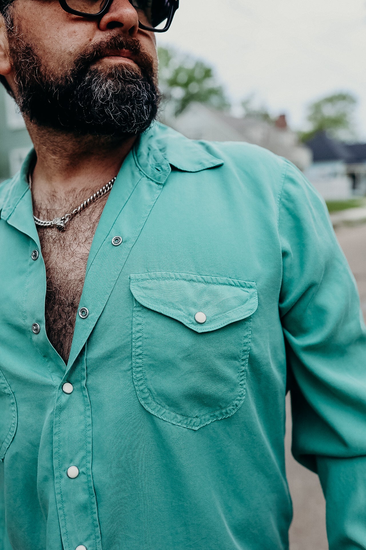 Tencel Gabardine Pearl Snap Shirt - Celadon