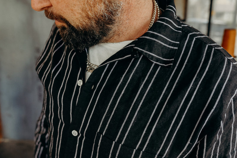 LS OPEN COLLAR SHIRT - BLACK STRIPED LINEN – Iron Shop Provisions