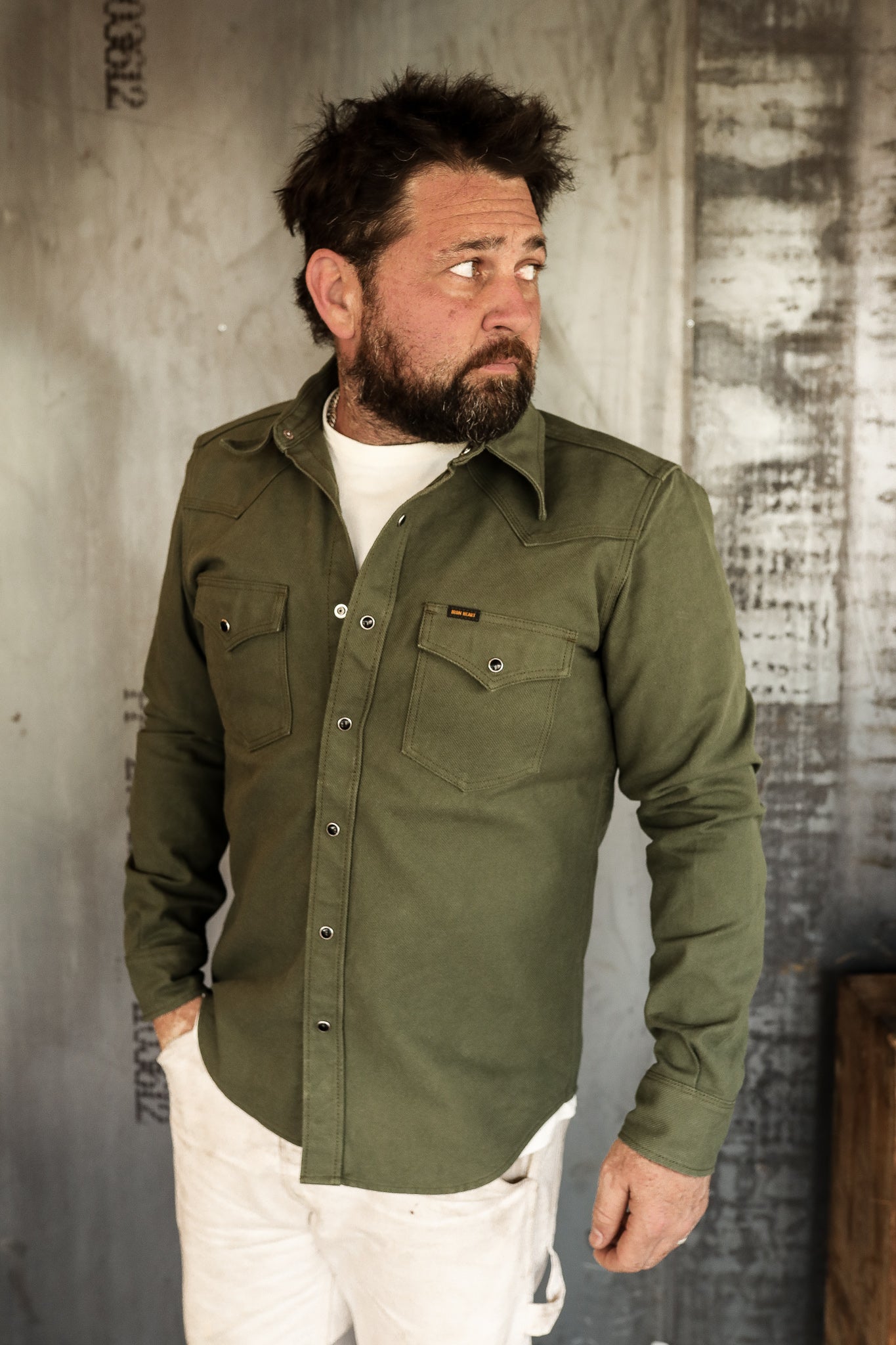 13oz Military Serge Western Shirt - Olive IHSH-235-OLV