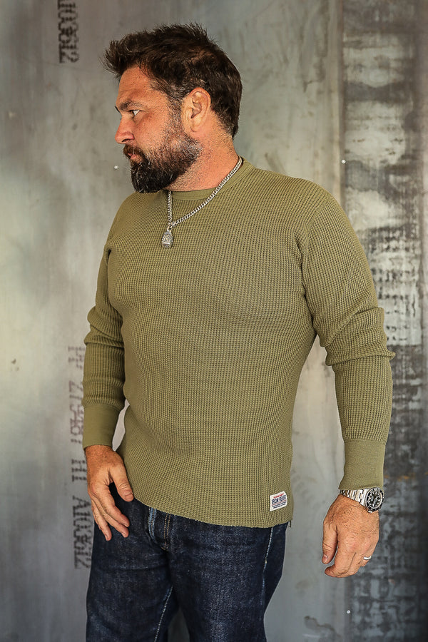 Waffle Knit Long Sleeved Crew Neck Thermal Top - Olive