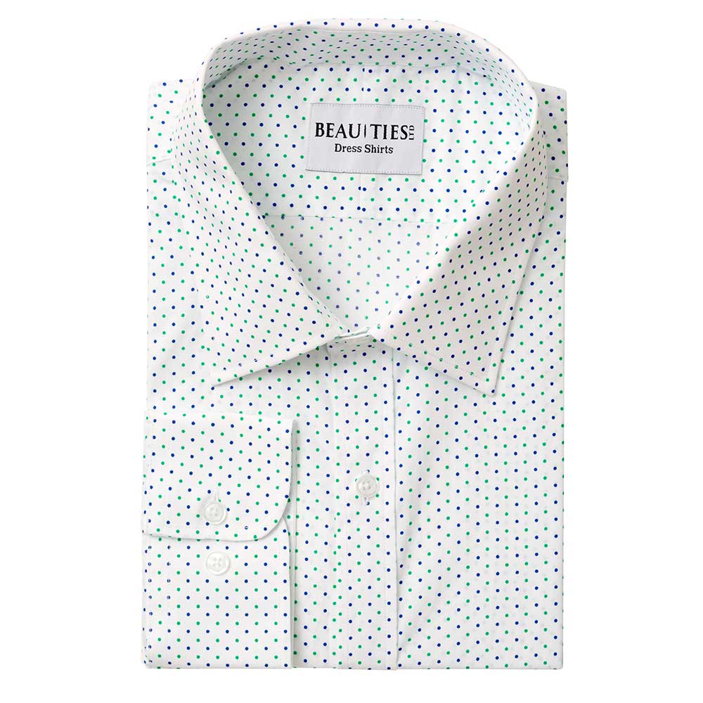 white dress shirt with blue dots