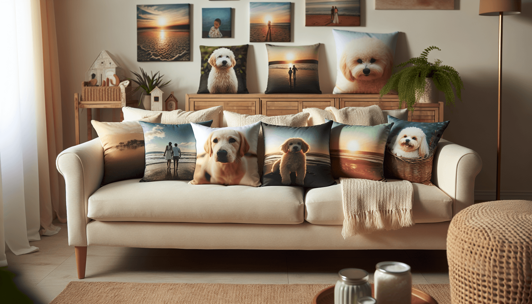 Custom photo pillows as living room accents