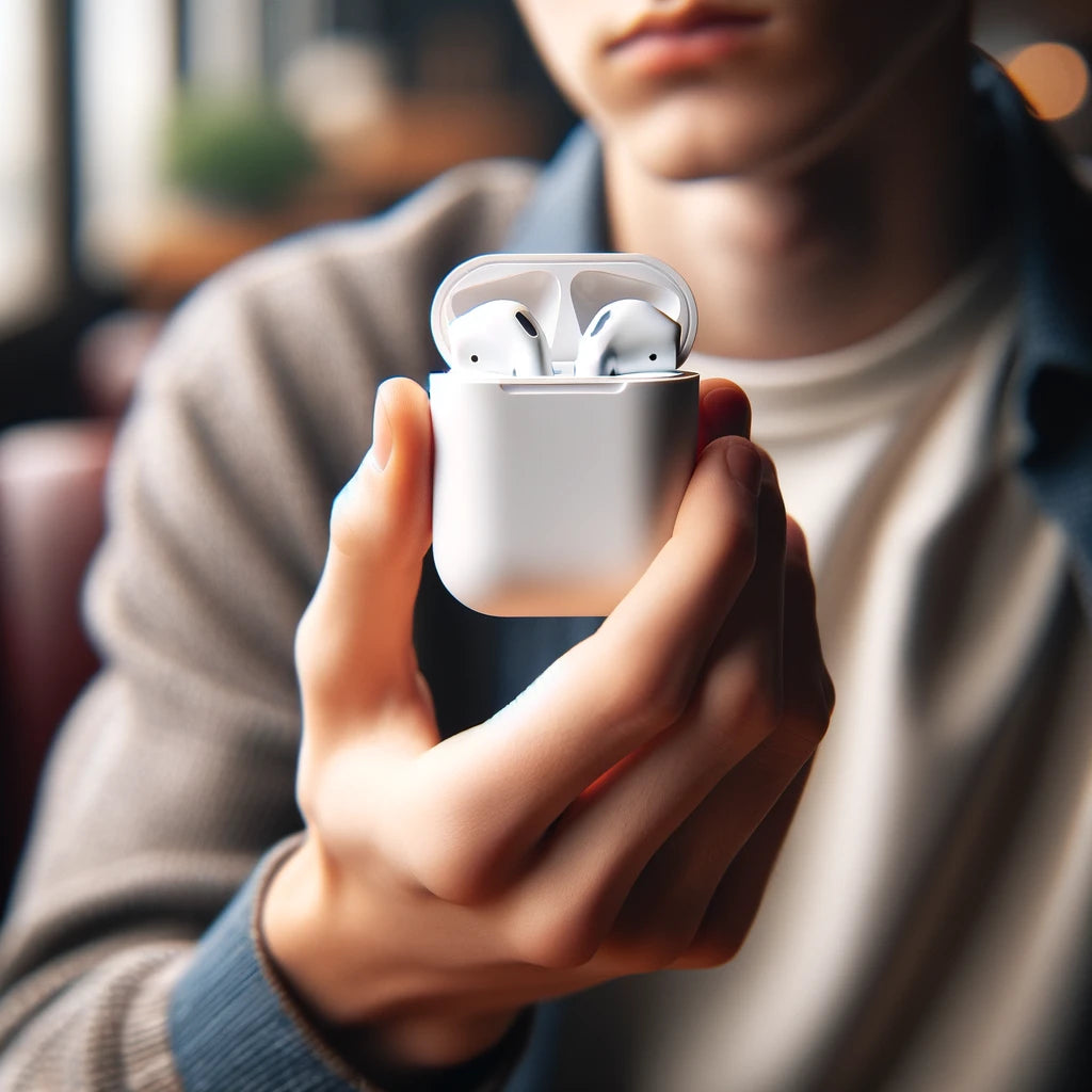 A person holding an airpods case with a shock-absorbing TPU material
