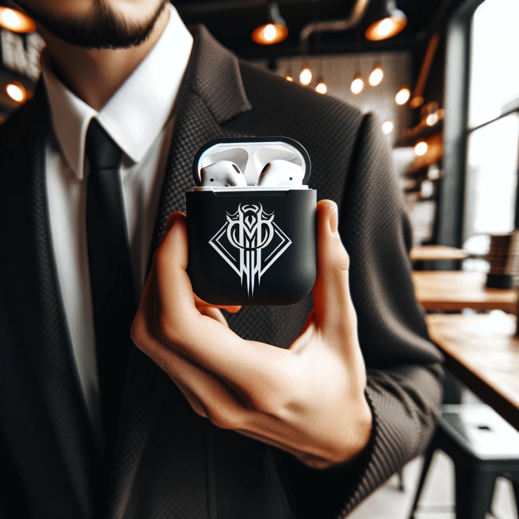 A person holding an airpods case with a personalized design on it