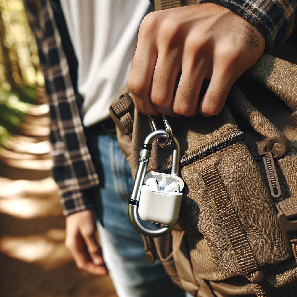 A person holding a metal carabiner with their airpods attached to it