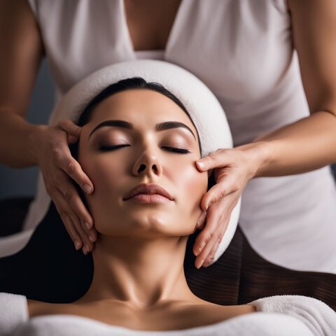 A woman enjoying a relaxing spa experience with a neck massage.